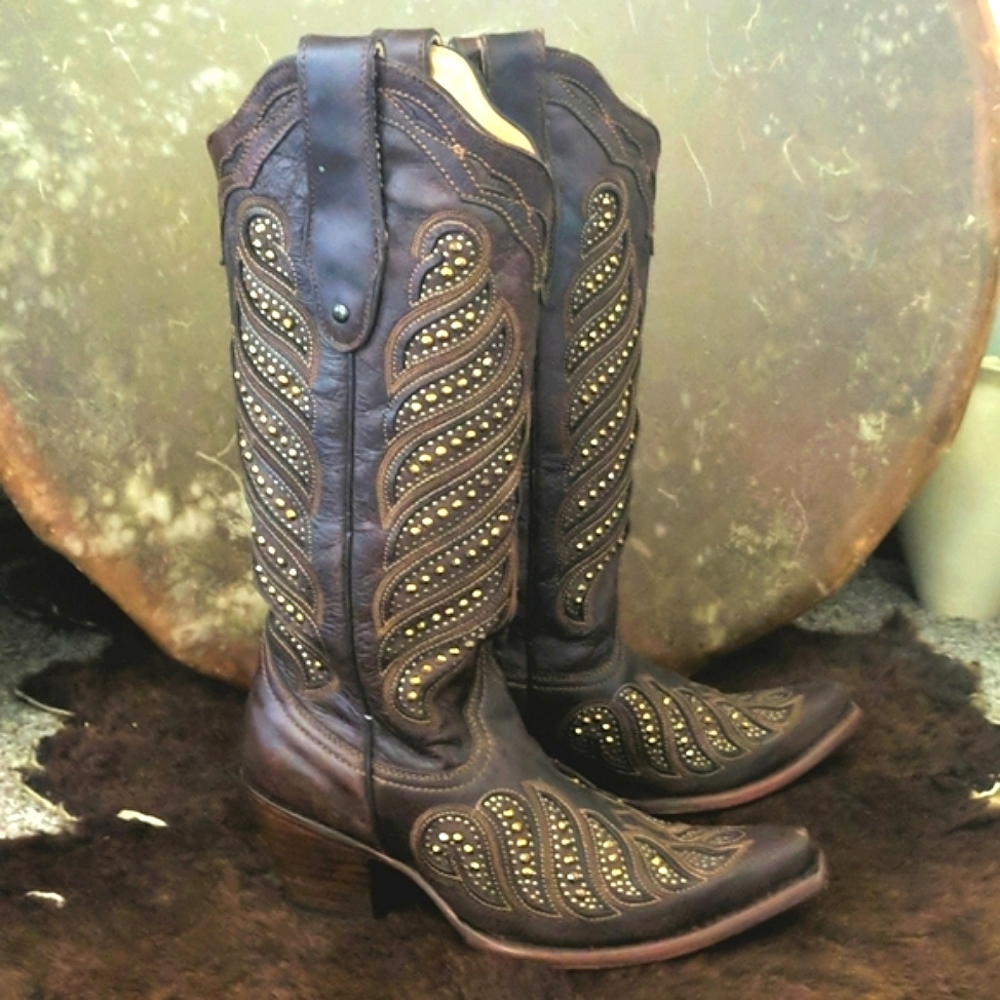 CORRAL C2878 brown leather & gold studded snip toe cowgirl western boots…